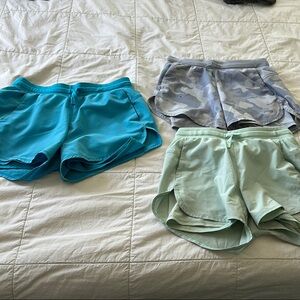 Set of Three Athletic Shorts in Blue, Green, and Purple/grey Camo